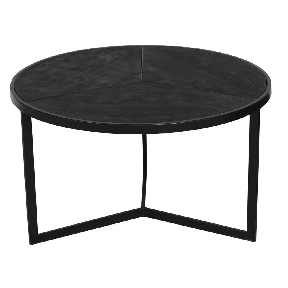 28, 20 Inch Round Nesting Coffee Table Set Of 2, Handcrafted Mango Wood Charcoal Gray Top, Black Iron Base By The Urban Port