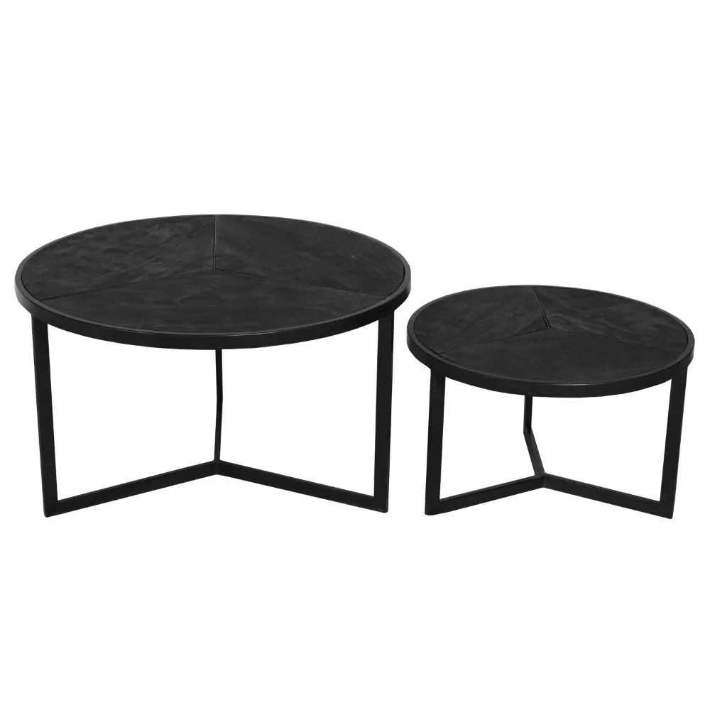 28, 20 Inch Round Nesting Coffee Table Set Of 2, Handcrafted Mango Wood Charcoal Gray Top, Black Iron Base By The Urban Port
