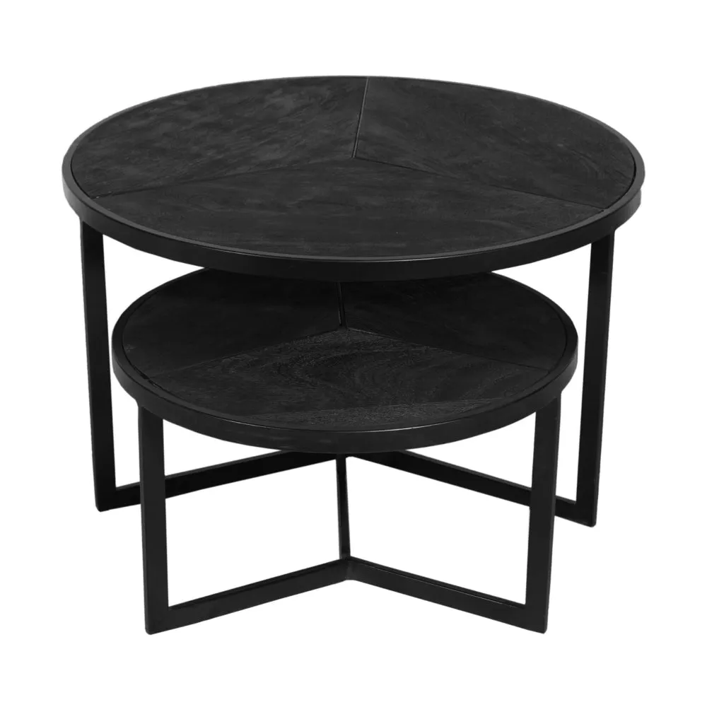 28, 20 Inch Round Nesting Coffee Table Set Of 2, Handcrafted Mango Wood Charcoal Gray Top, Black Iron Base By The Urban Port