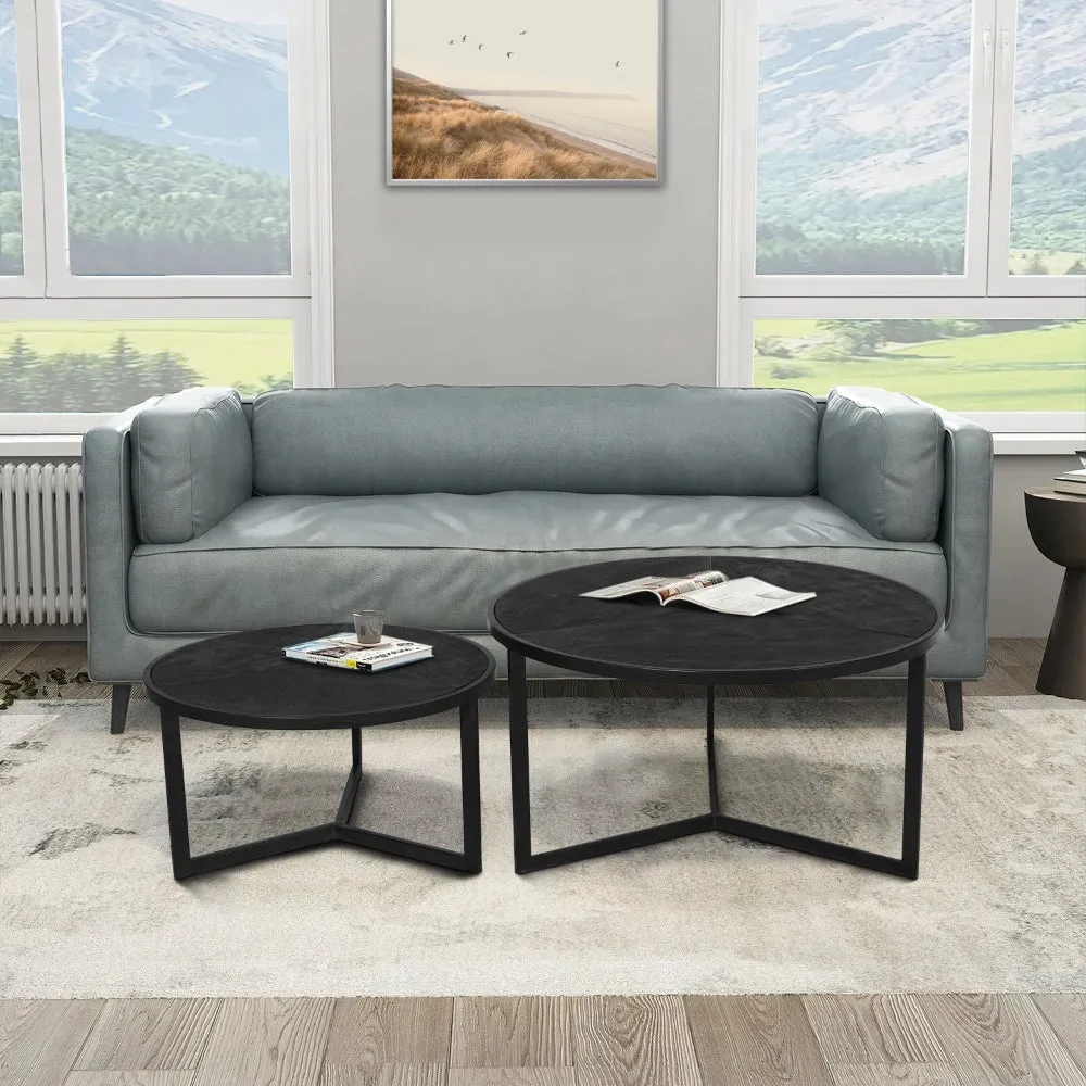 28, 20 Inch Round Nesting Coffee Table Set Of 2, Handcrafted Mango Wood Charcoal Gray Top, Black Iron Base By The Urban Port