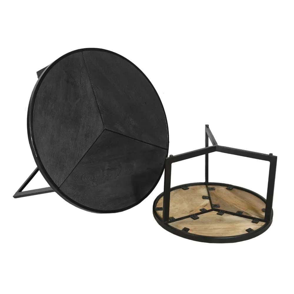 28, 20 Inch Round Nesting Coffee Table Set Of 2, Handcrafted Mango Wood Charcoal Gray Top, Black Iron Base By The Urban Port