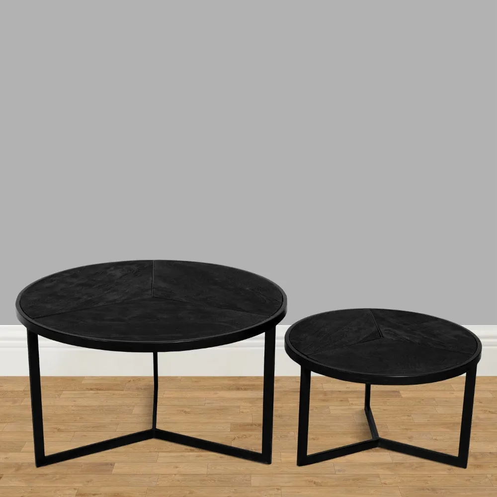 28, 20 Inch Round Nesting Coffee Table Set Of 2, Handcrafted Mango Wood Charcoal Gray Top, Black Iron Base By The Urban Port