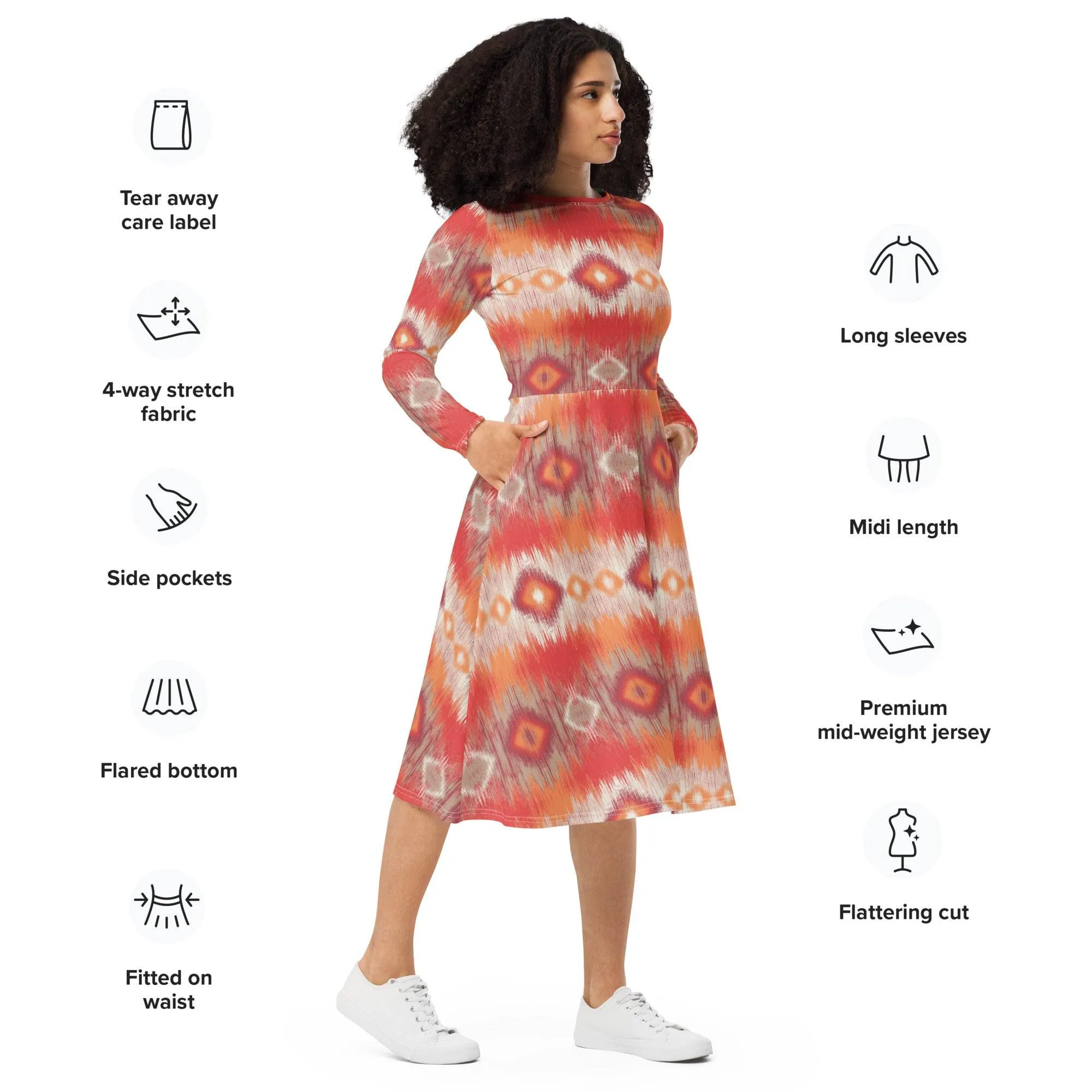 Autumn Aztec Diamonds Long Sleeve Midi Dress