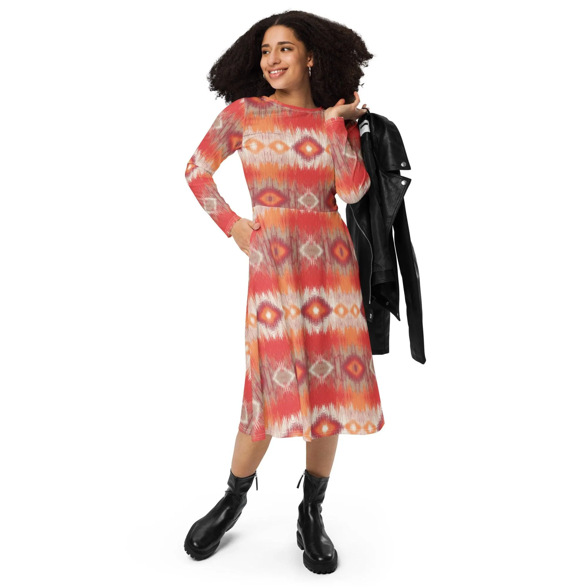 Autumn Aztec Diamonds Long Sleeve Midi Dress