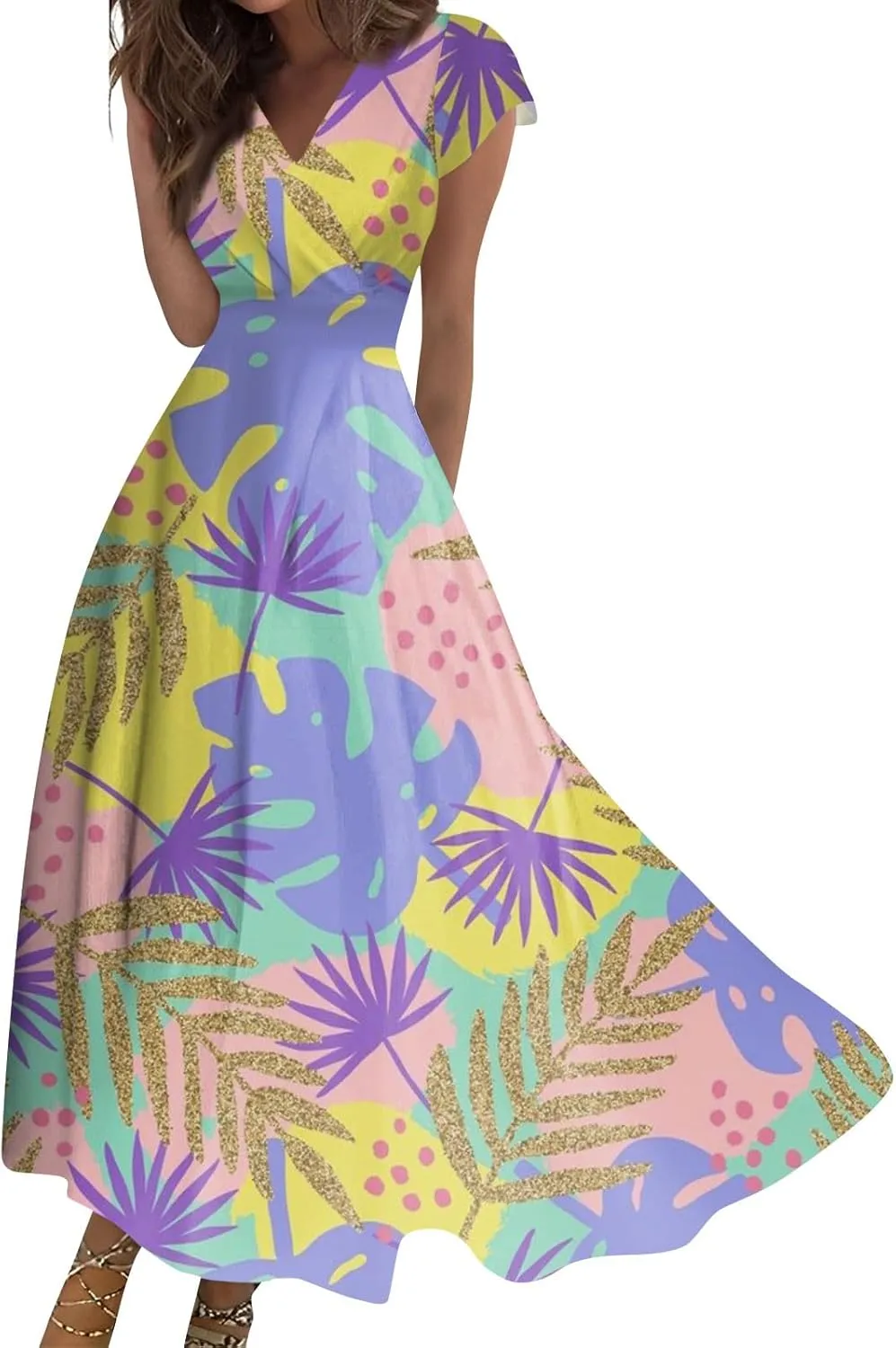 Azeralia Wedding Dress Deep V Neck Short Sleeve Sun Dress for Beach Vacation Wedding Guest Dress Tea Party Dresses for Woman
