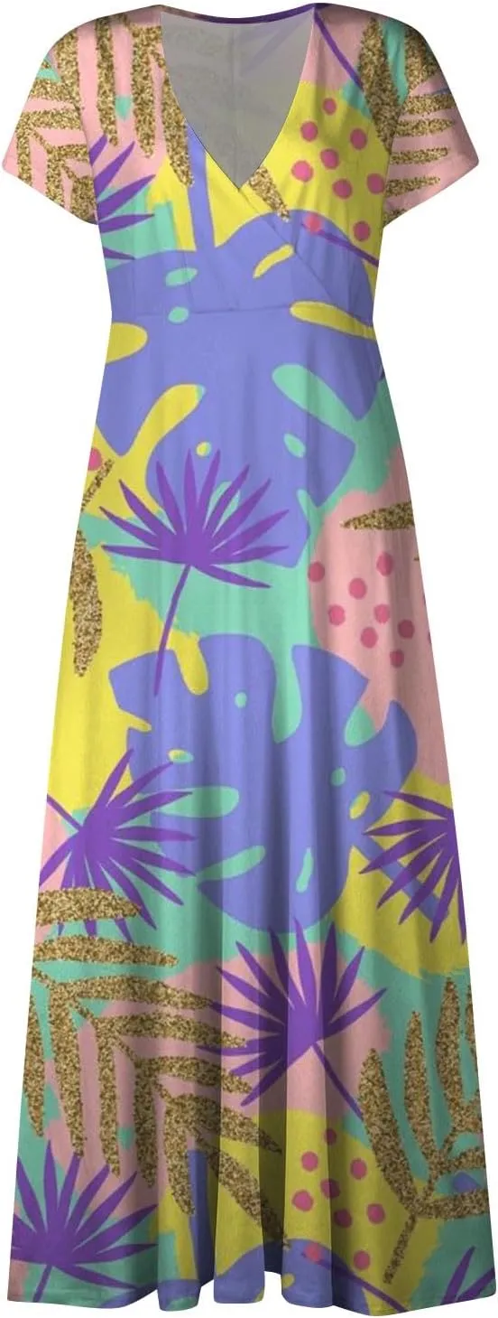 Azeralia Wedding Dress Deep V Neck Short Sleeve Sun Dress for Beach Vacation Wedding Guest Dress Tea Party Dresses for Woman