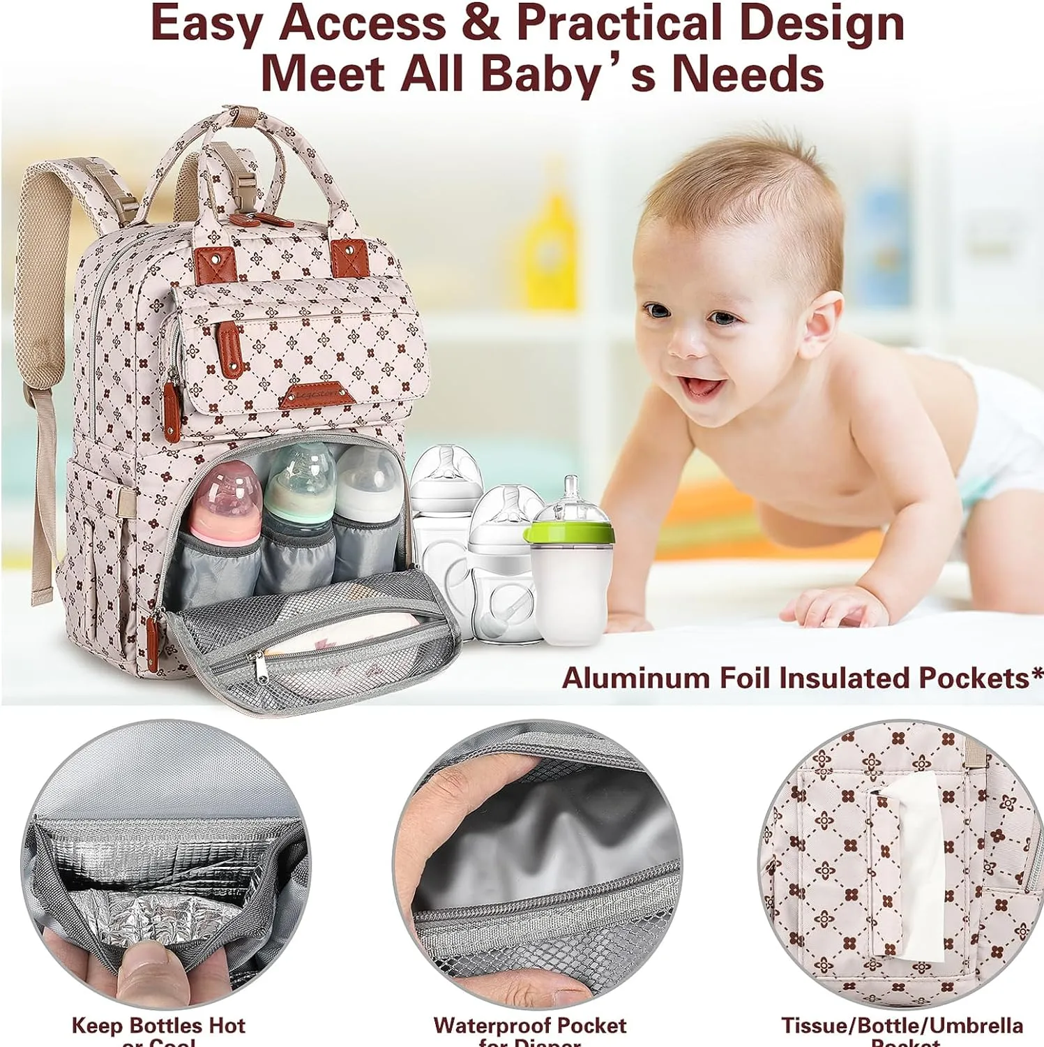 Baby Diaper Bag Backpack, Baby Bag for Girls Large Capacity with Stylish Flora, Travel Back Pack Multifunction Waterproof, Newborn Baby Registry Shower Gifts, Pink05
