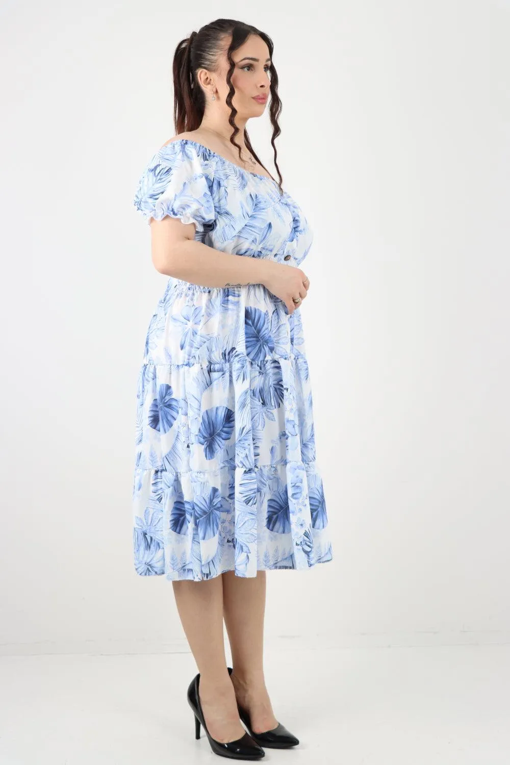 Bardot Printed Puff Sleeve Midi Dress