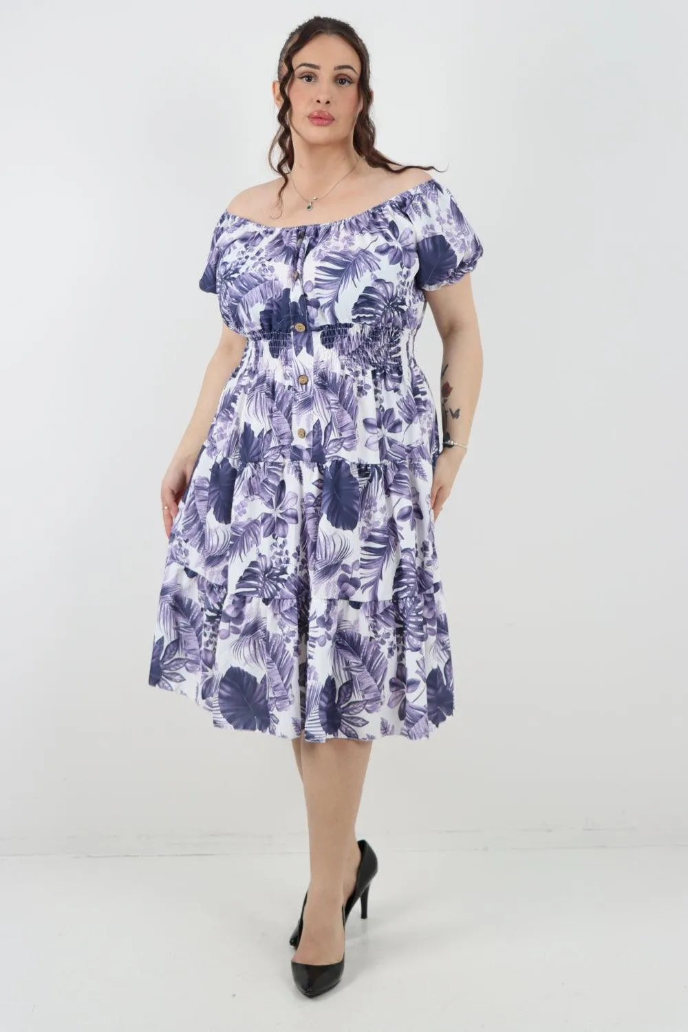 Bardot Printed Puff Sleeve Midi Dress
