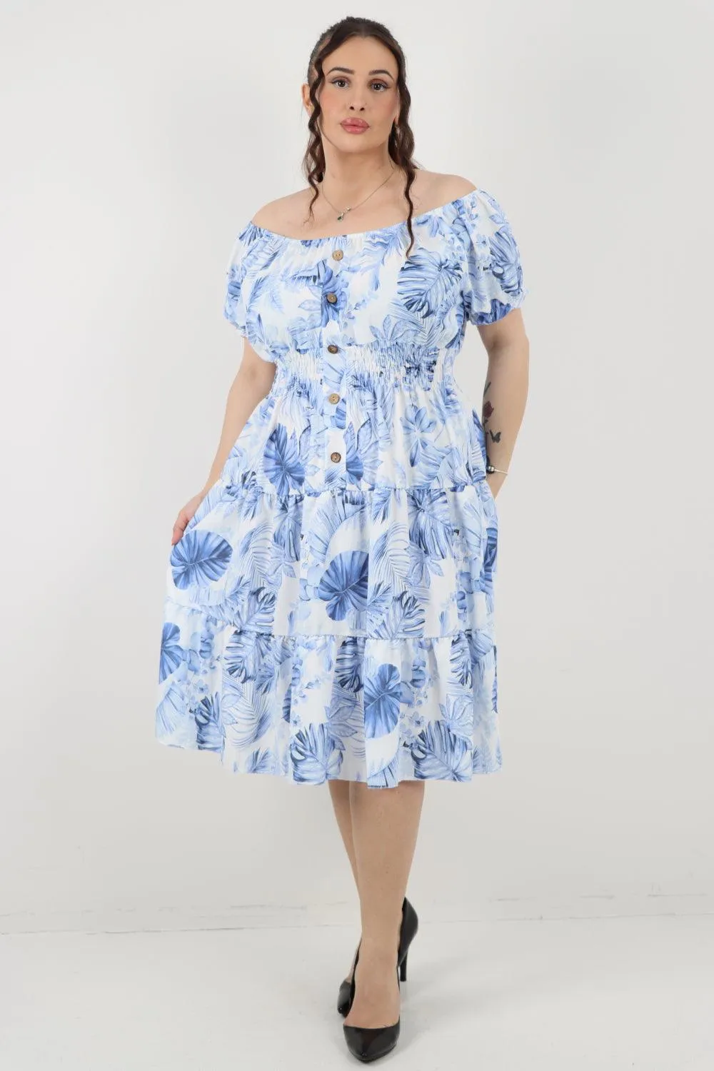 Bardot Printed Puff Sleeve Midi Dress