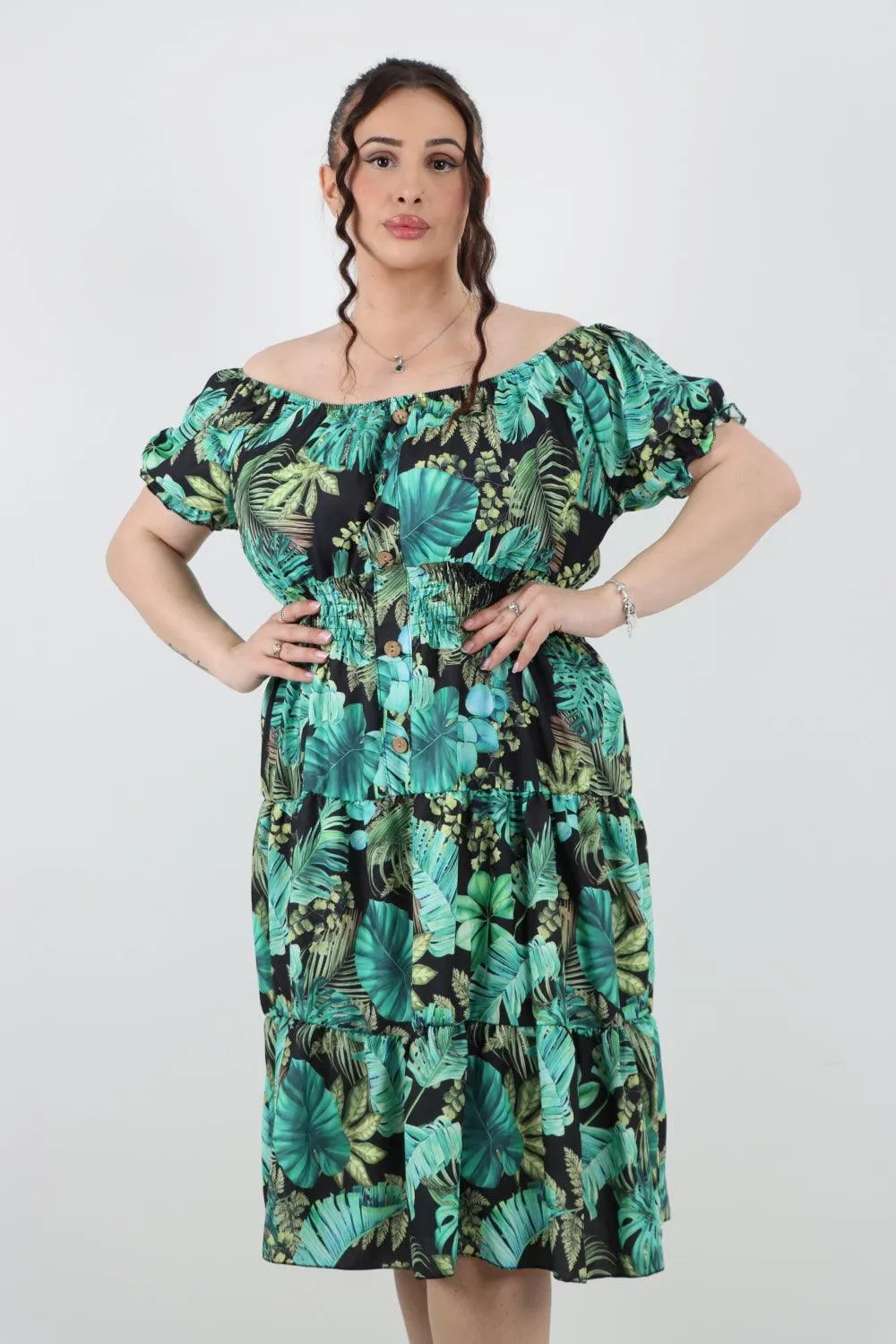 Bardot Printed Puff Sleeve Midi Dress