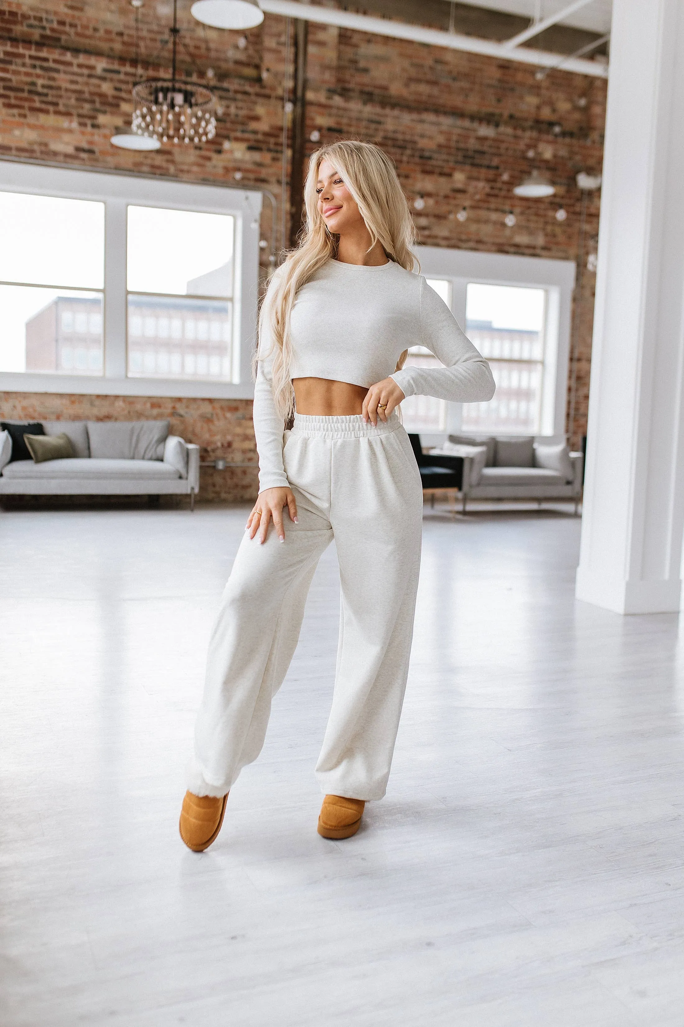 Beige Crop Top Lounge Set
