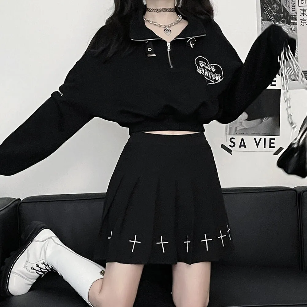 Black Half Zip Crop Sweatshirt Long Sleeve