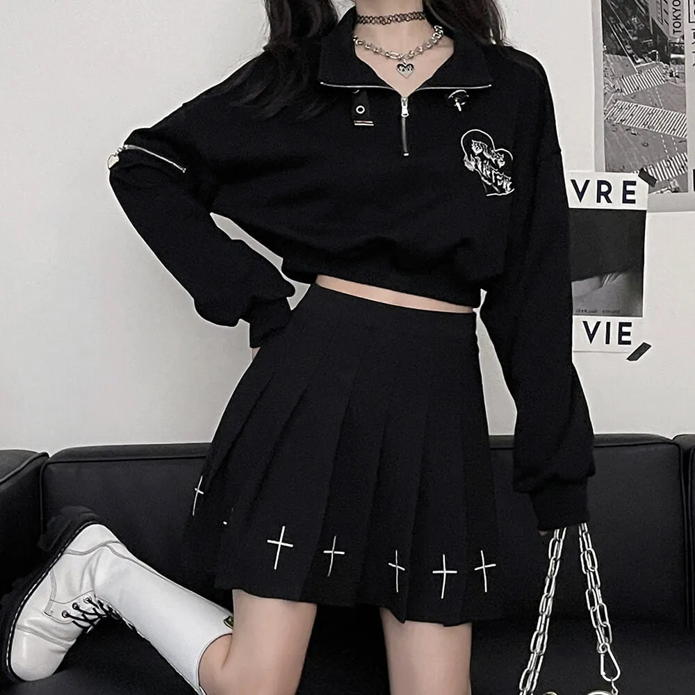Black Half Zip Crop Sweatshirt Long Sleeve