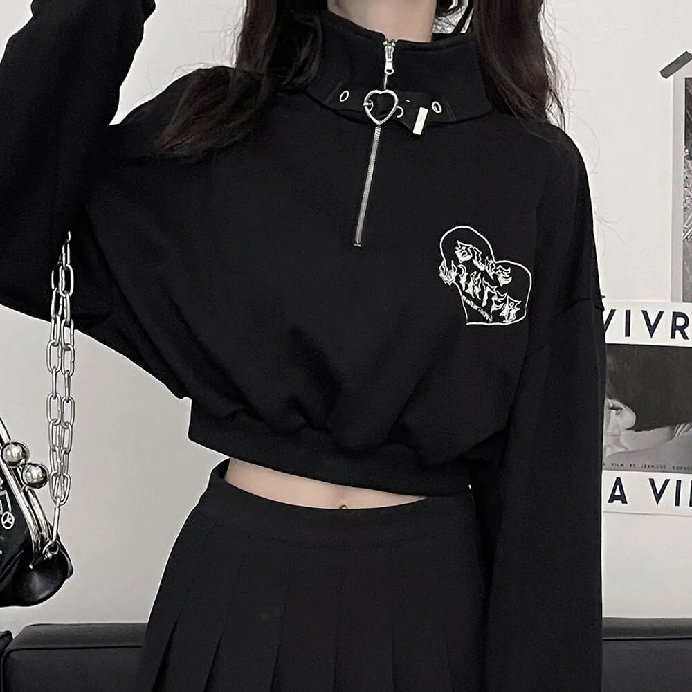 Black Half Zip Crop Sweatshirt Long Sleeve