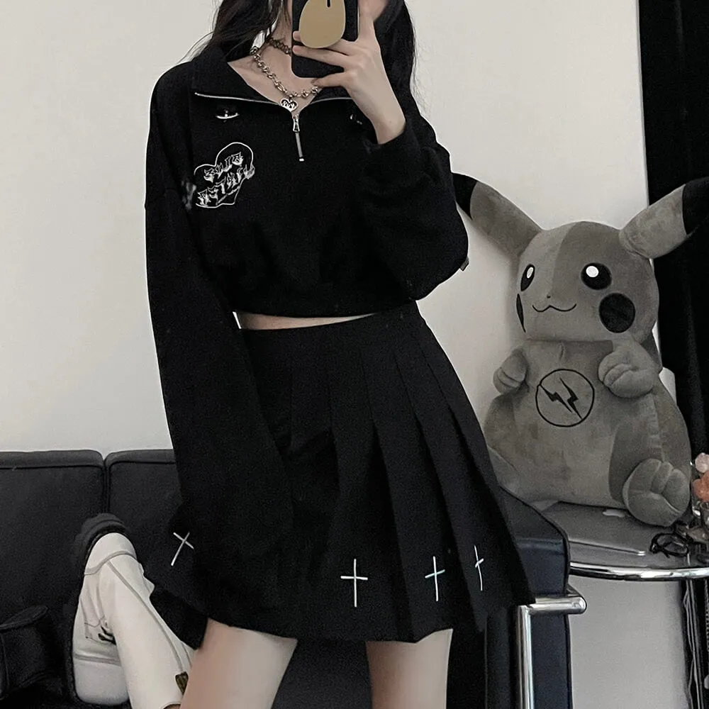 Black Half Zip Crop Sweatshirt Long Sleeve