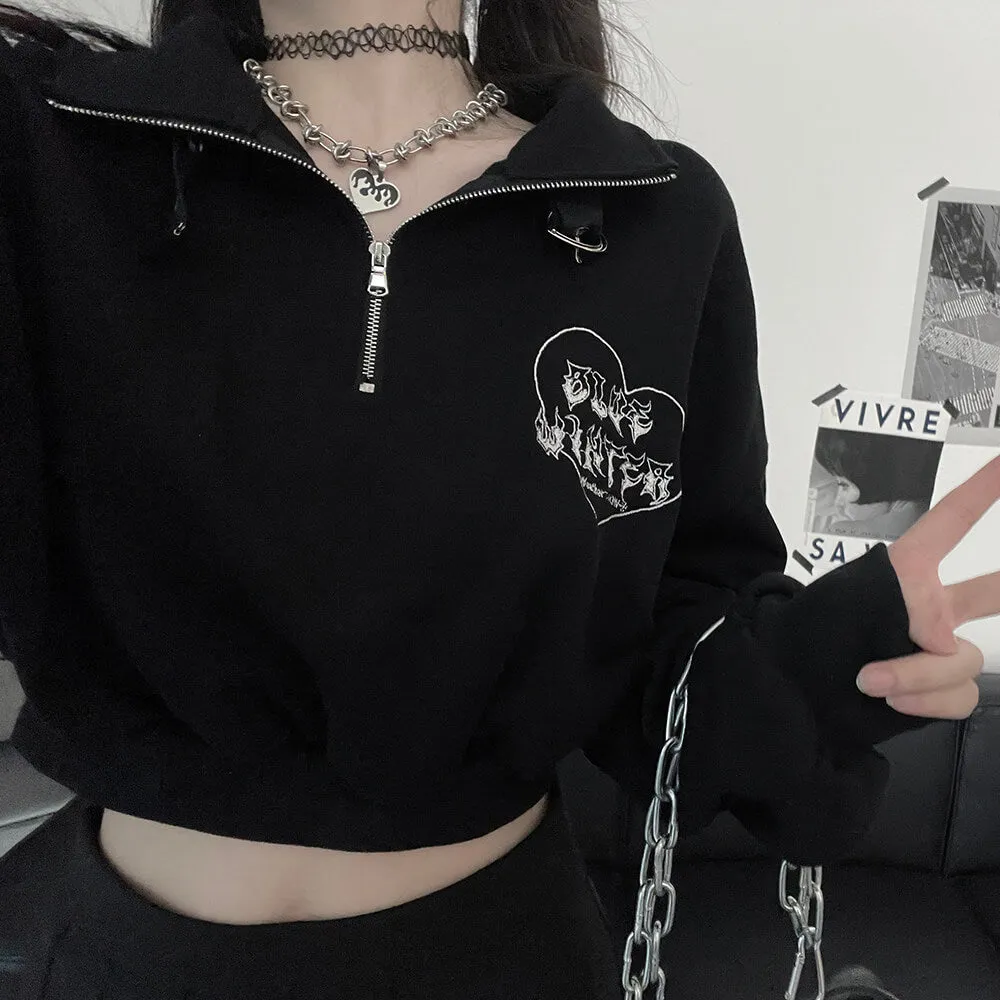 Black Half Zip Crop Sweatshirt Long Sleeve