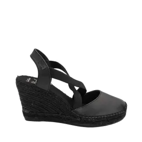 Black High Heel Plain Leather Wedge Espadrille for Women - Saba-P7BK