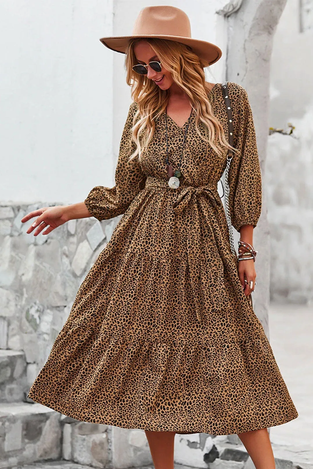 Boho Midi Dress, Autumn Dress, Olive Tiger in Brown