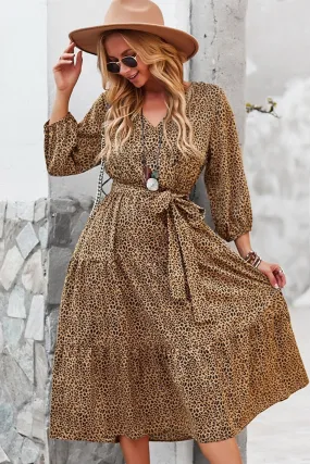 Boho Midi Dress, Autumn Dress, Olive Tiger in Brown