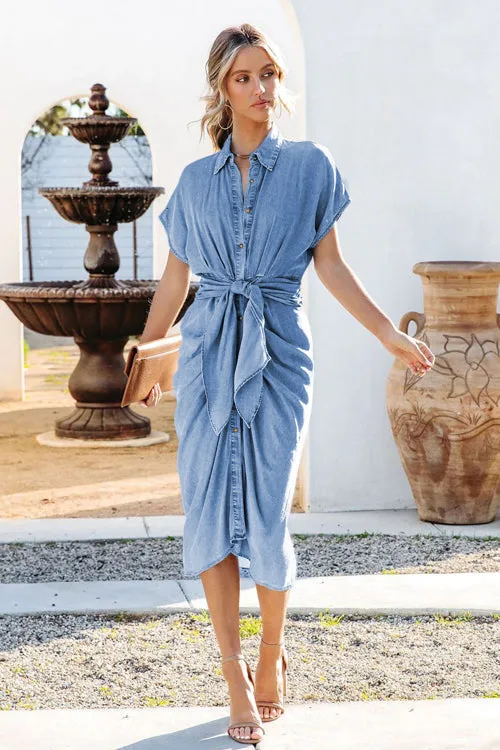 Buttons Down Tie- Front Ruched Sheath Midi Denim Dress