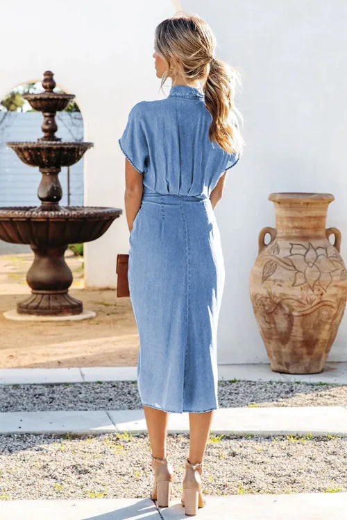 Buttons Down Tie- Front Ruched Sheath Midi Denim Dress
