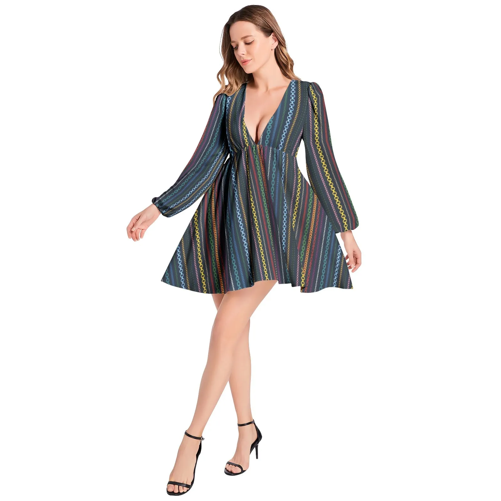 Chained Maiden Lantern Sleeve Deep V-Neck Short Dress
