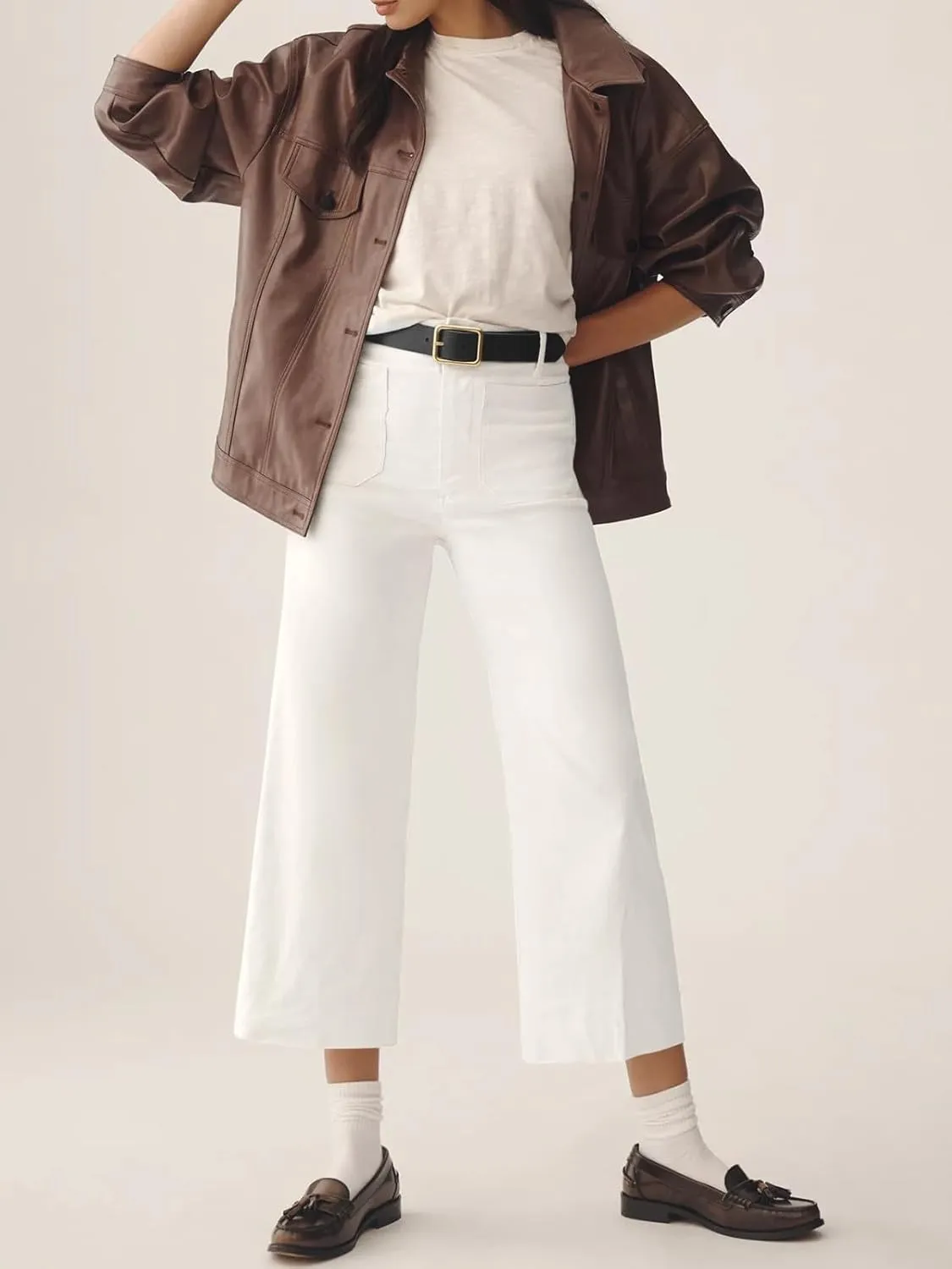 Cicy Bell Womens Cropped Wide Leg Pants High Waisted Stretchy Flare Pants Casual Baggy Trousers