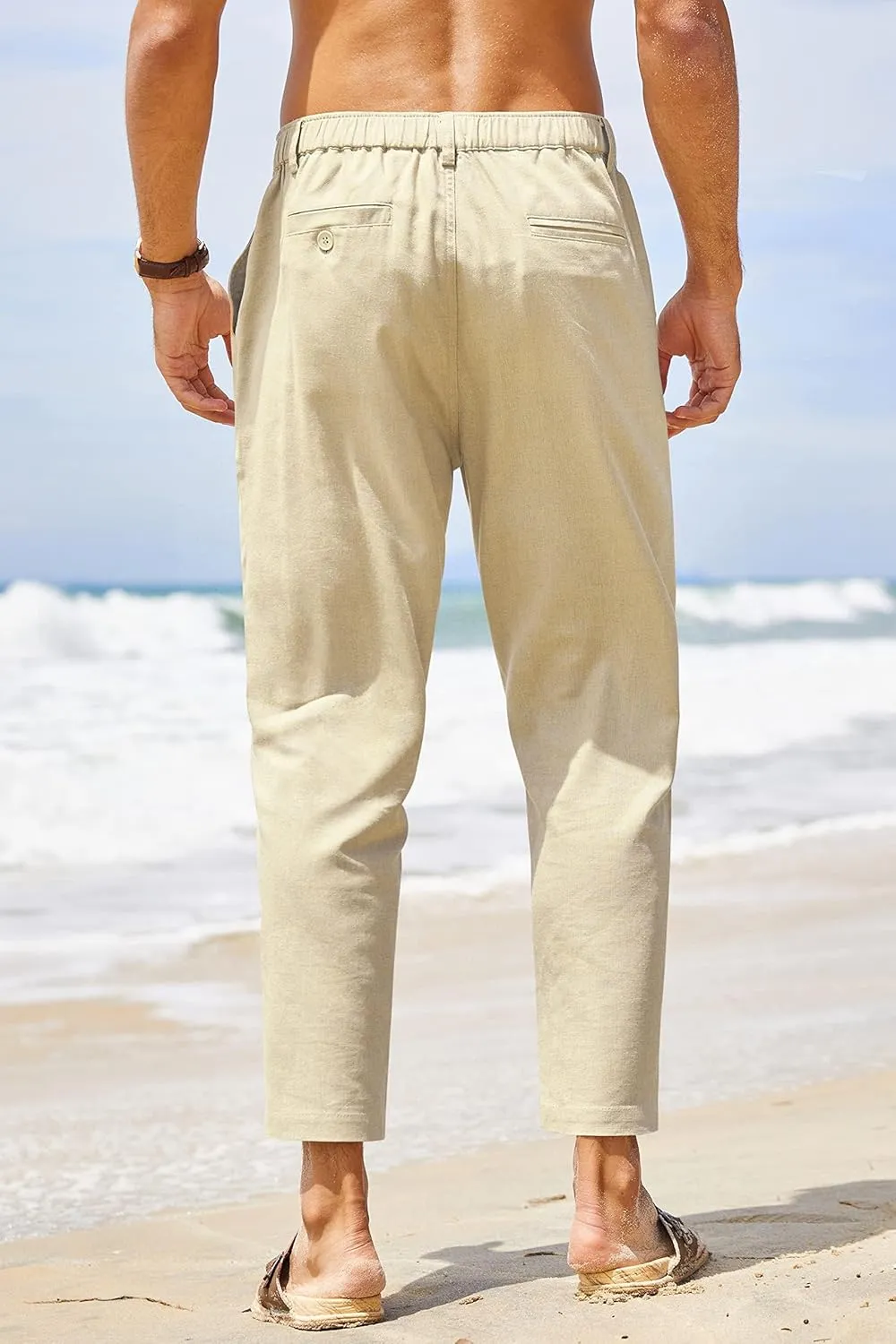 COOFANDY Men's Cotton Linen Pants Elastic Waist Lightweight Casual Pants Slim Fit Yoga Beach Pants with Pockets