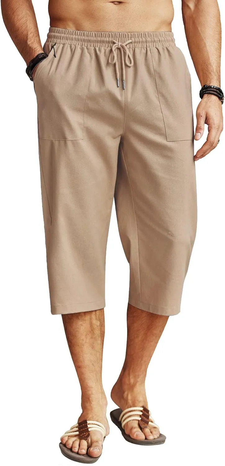 COOFANDY Men's Linen Capri Pants Casual Lightweight 3/4 Baggy Pants Drawstring Elastic Waist Beach Yoga Pants with Pockets