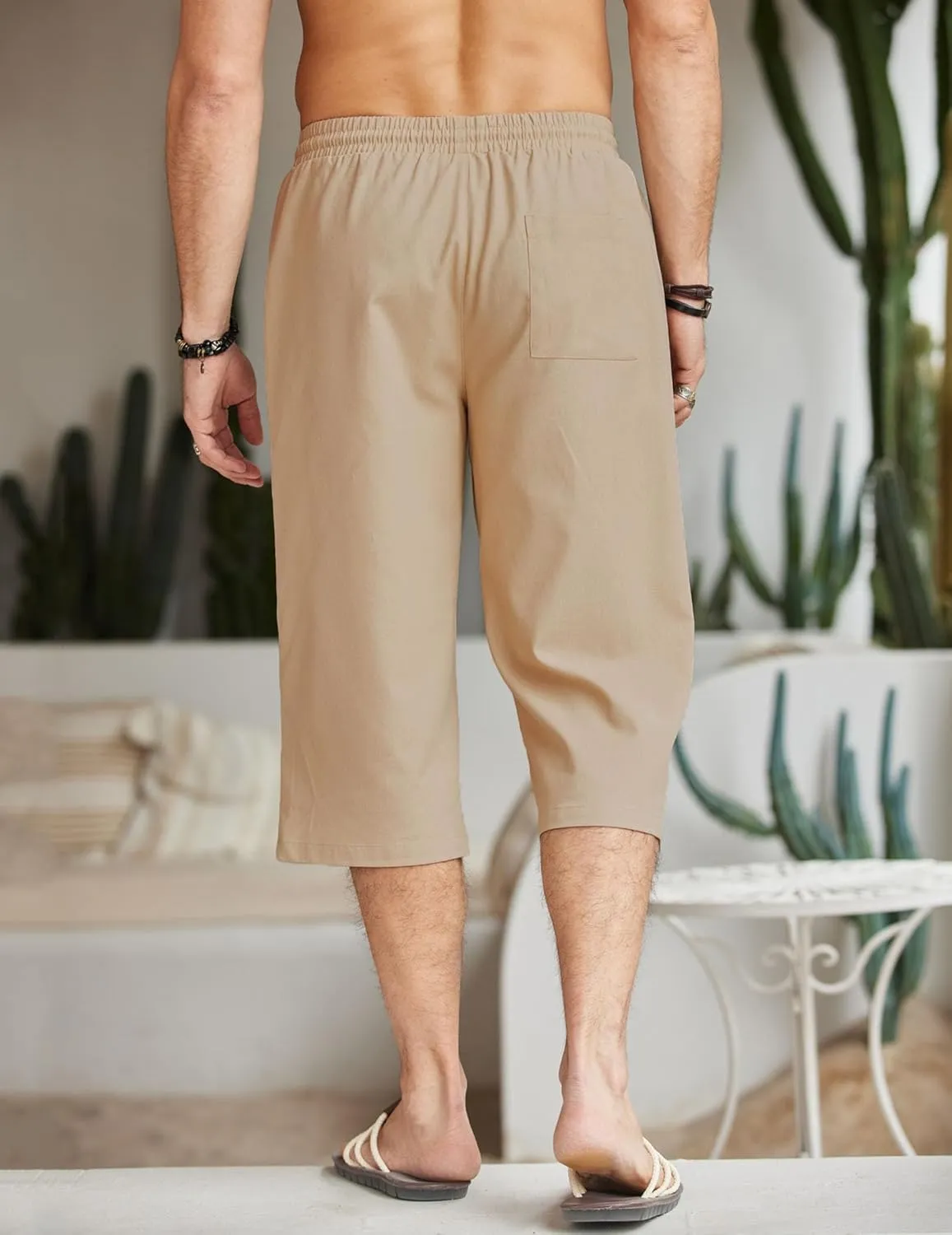 COOFANDY Men's Linen Capri Pants Casual Lightweight 3/4 Baggy Pants Drawstring Elastic Waist Beach Yoga Pants with Pockets