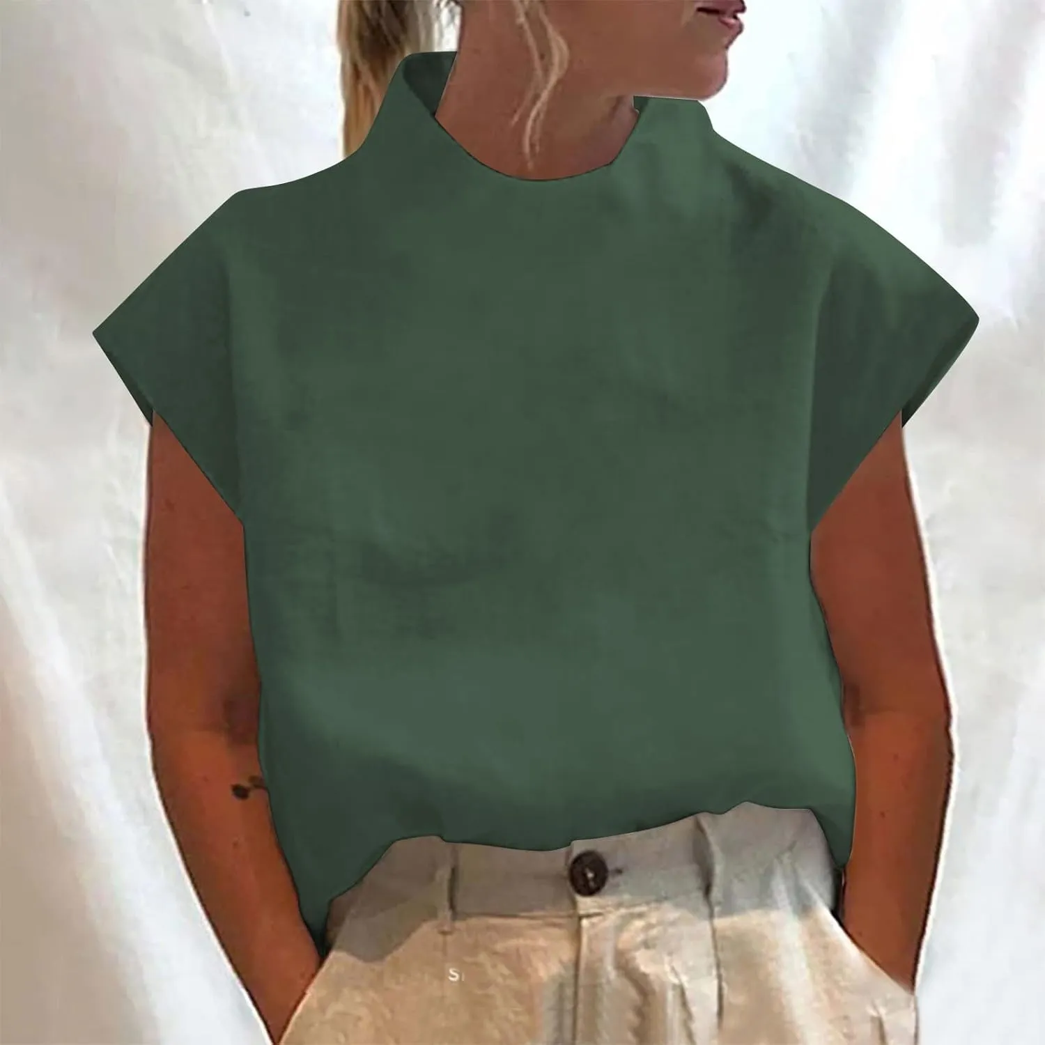 Cotton Linen Shirts for Women Summer Casual High Neck Cap Sleeve Tops Tee Trendy Soft Comfy Business Work Blouses
