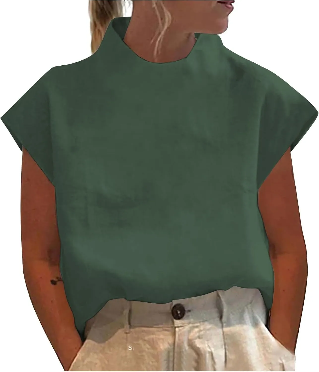 Cotton Linen Shirts for Women Summer Casual High Neck Cap Sleeve Tops Tee Trendy Soft Comfy Business Work Blouses