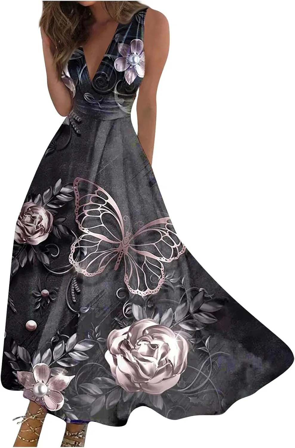 Dresses for Women 2024 Sleeveless Wrap V Neck Beach Dresses Flowy Ruched Floral Print Maxi Dress Flowy Boho Dress