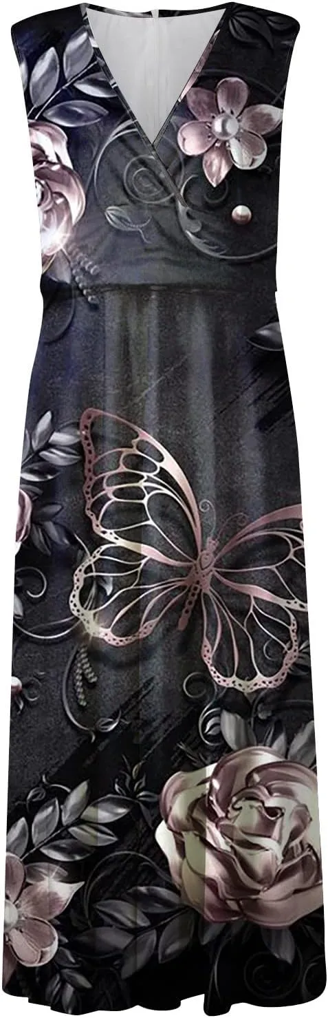 Dresses for Women 2024 Sleeveless Wrap V Neck Beach Dresses Flowy Ruched Floral Print Maxi Dress Flowy Boho Dress