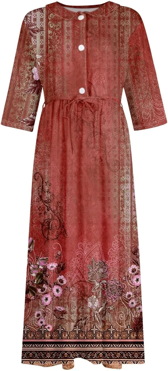 Dresses for Women Summer Floral Long Dress Trendy 3/4 Sleeve Wrap Flowy Beach Dress A Line Boho Vacation Dresses