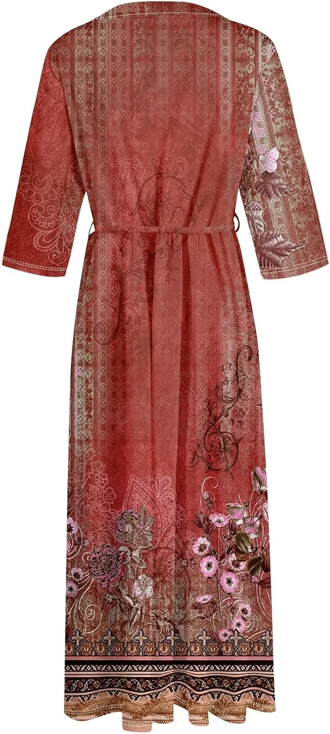 Dresses for Women Summer Floral Long Dress Trendy 3/4 Sleeve Wrap Flowy Beach Dress A Line Boho Vacation Dresses