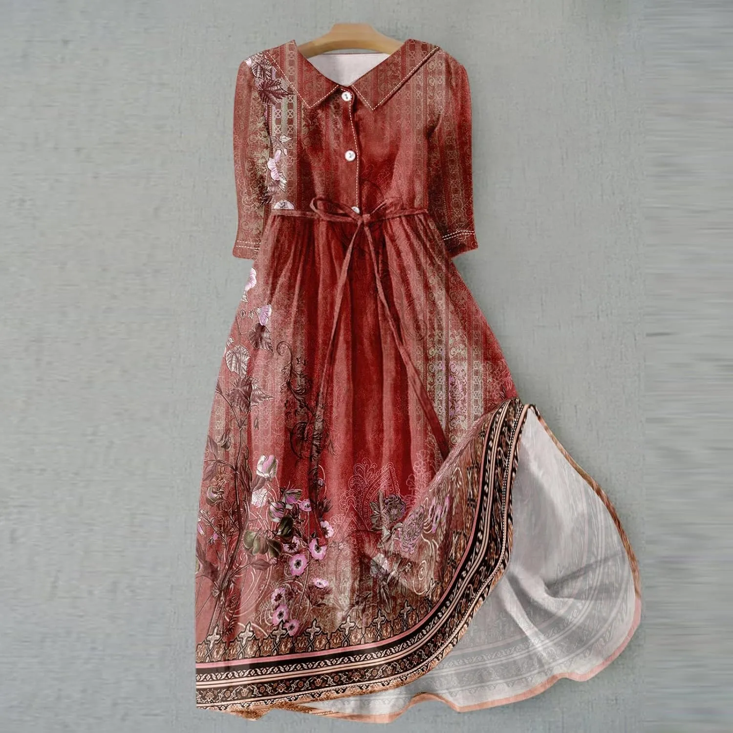 Dresses for Women Summer Floral Long Dress Trendy 3/4 Sleeve Wrap Flowy Beach Dress A Line Boho Vacation Dresses