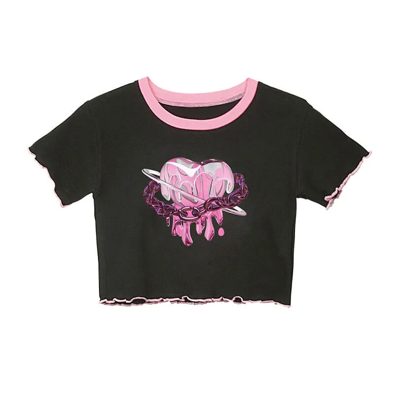 Dripping Heart Chains Print Ruffle Crop Top