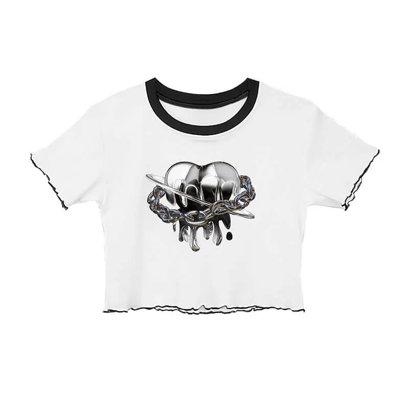 Dripping Heart Chains Print Ruffle Crop Top