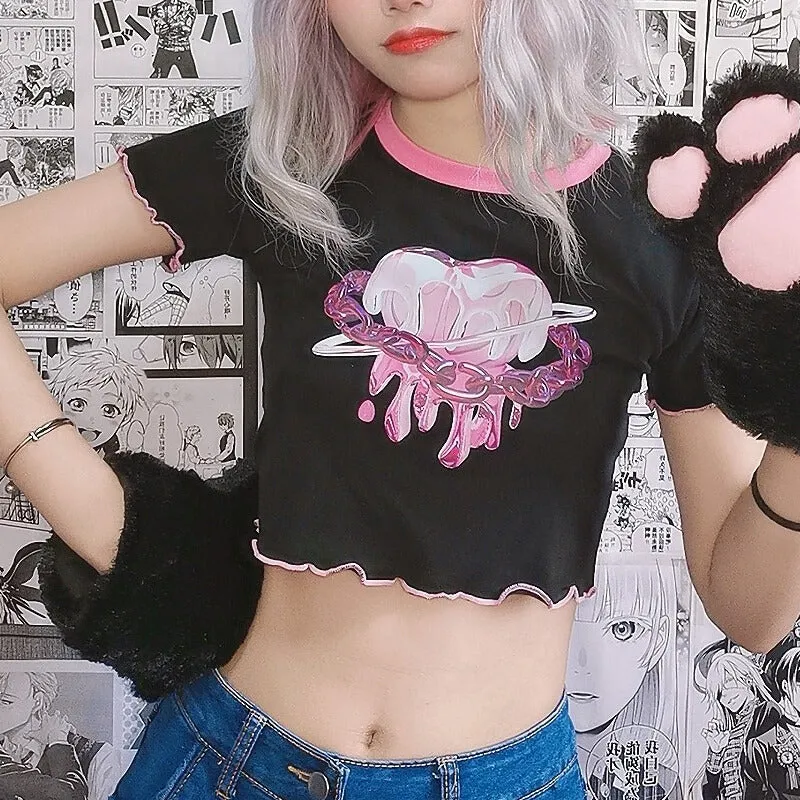 Dripping Heart Chains Print Ruffle Crop Top