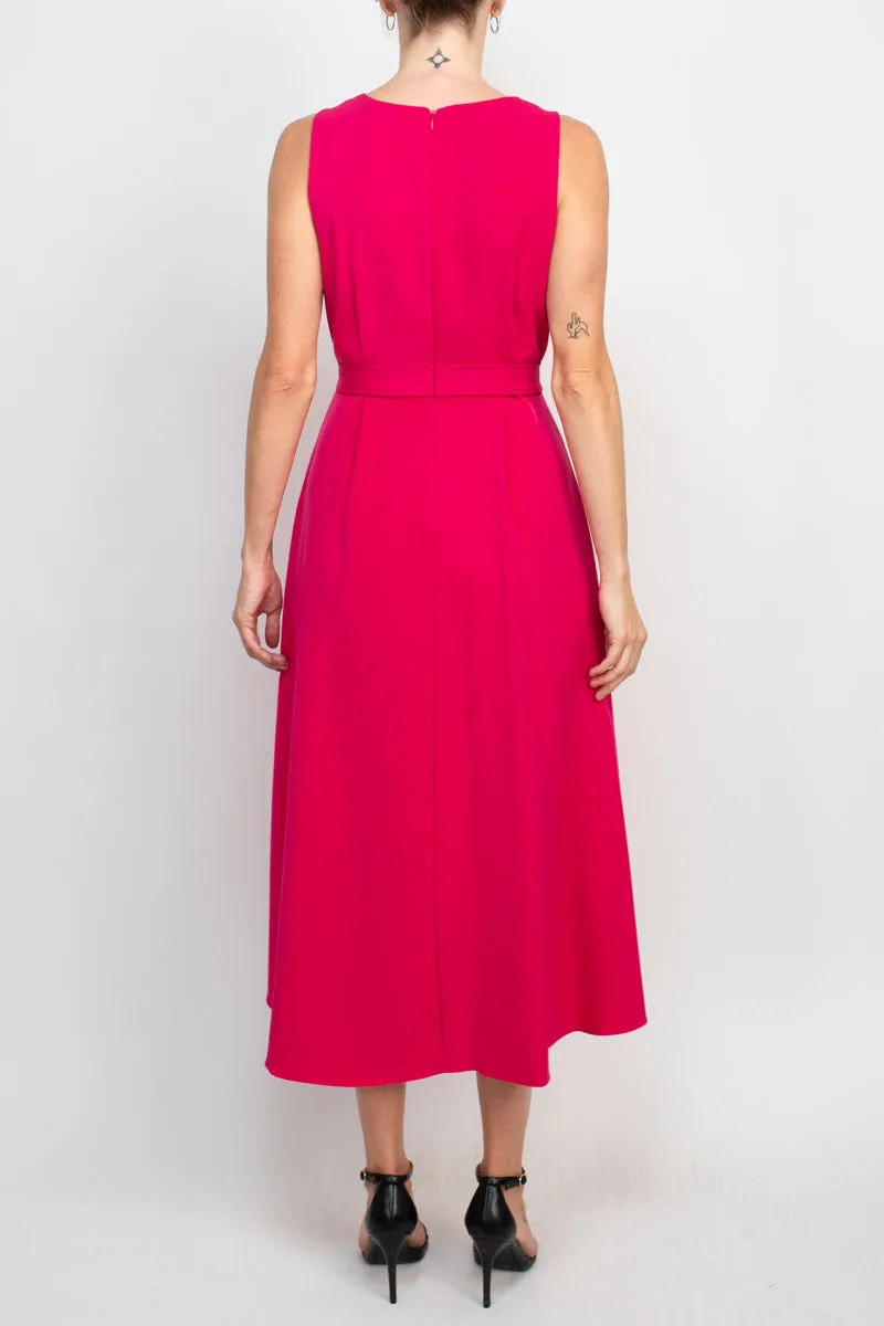 Emma & Michele V-Neck Sleeveless Tie Waist Hi-Low Hem Zipper Back Solid Maxi Scuba Dress