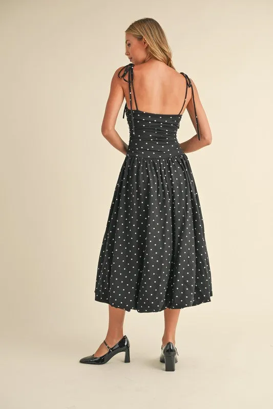 Everly Sleeveless Shoulder Tie Polka Dot Print Bubble Midi Dress Black