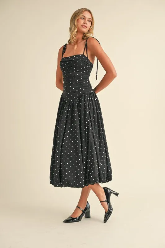 Everly Sleeveless Shoulder Tie Polka Dot Print Bubble Midi Dress Black