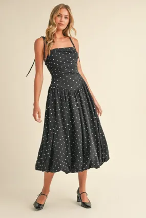 Everly Sleeveless Shoulder Tie Polka Dot Print Bubble Midi Dress Black