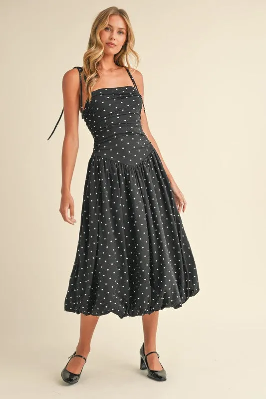 Everly Sleeveless Shoulder Tie Polka Dot Print Bubble Midi Dress Black