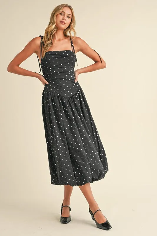 Everly Sleeveless Shoulder Tie Polka Dot Print Bubble Midi Dress Black