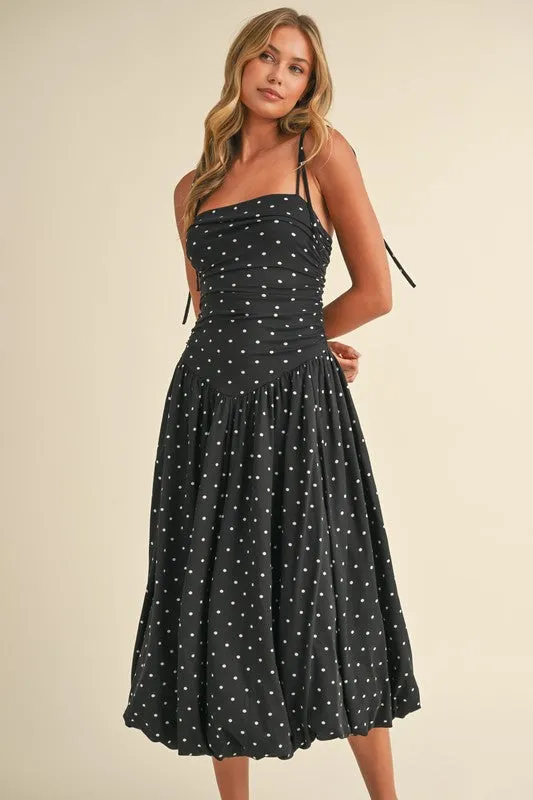 Everly Sleeveless Shoulder Tie Polka Dot Print Bubble Midi Dress Black