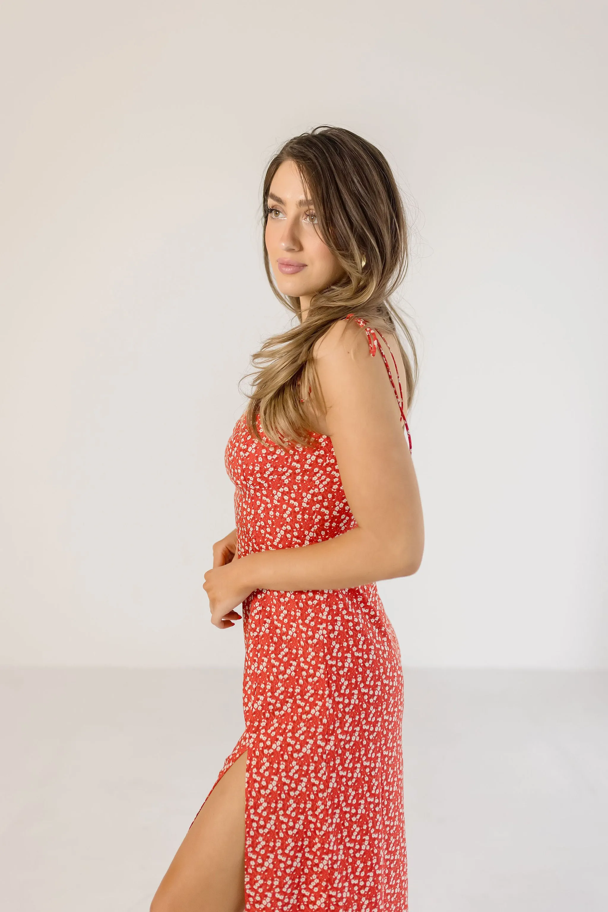 Farrah Sleeveless Shoulder Tie Floral Print Midi Dress Red