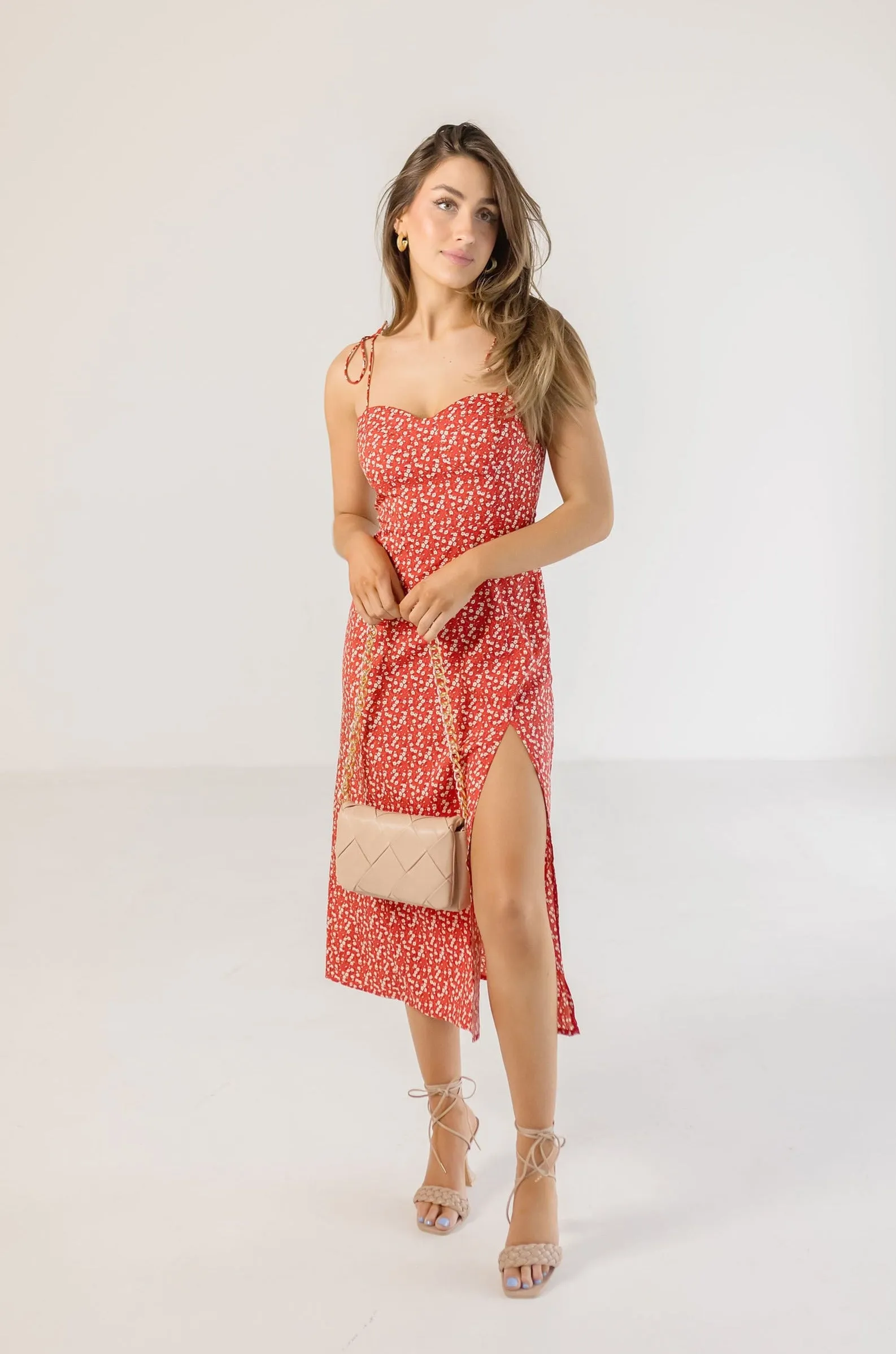 Farrah Sleeveless Shoulder Tie Floral Print Midi Dress Red